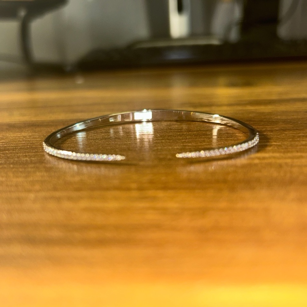 Silver Open Bangle Bracelet with Pavé Ends